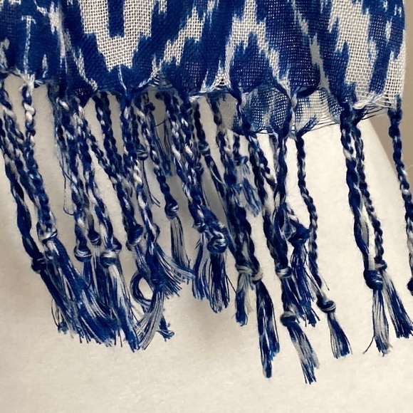 Blue White Ikat Pattern Bohemian Artsy Braided Tassel Warm Scarf Fall - Picture 17 of 17